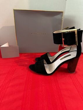 Louise et Cie Black Suede Ankle-Strap Block Heels with Gold Buckle Size 6